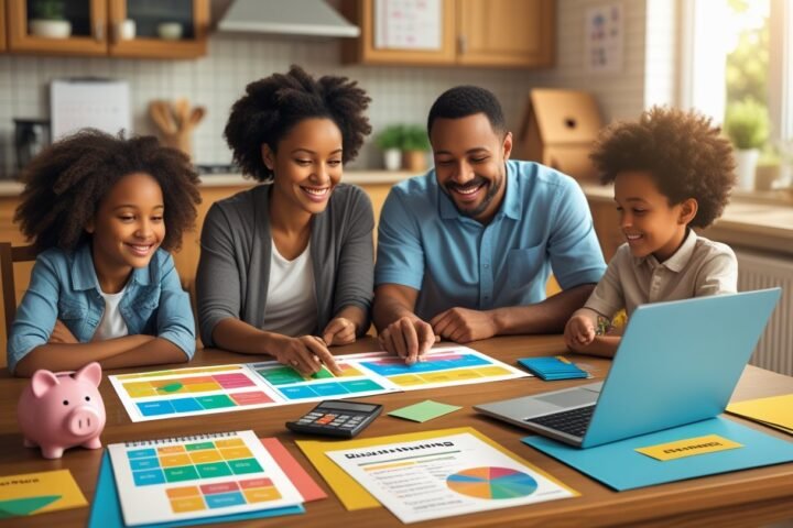 Family reviewing finances at a kitchen table