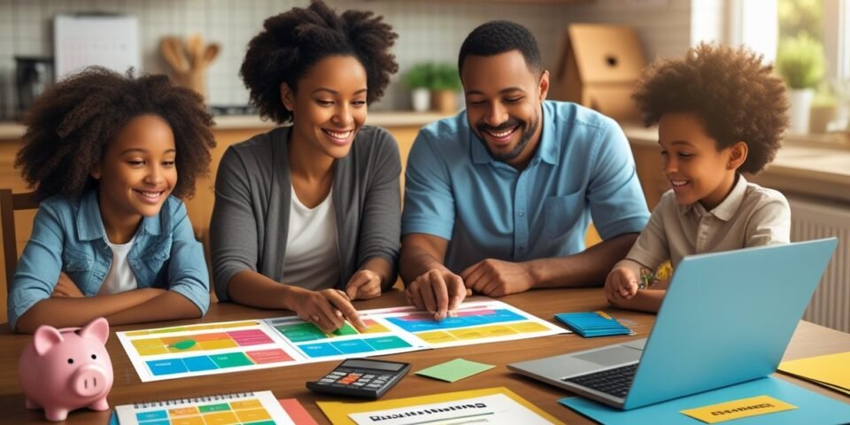 Family reviewing finances at a kitchen table