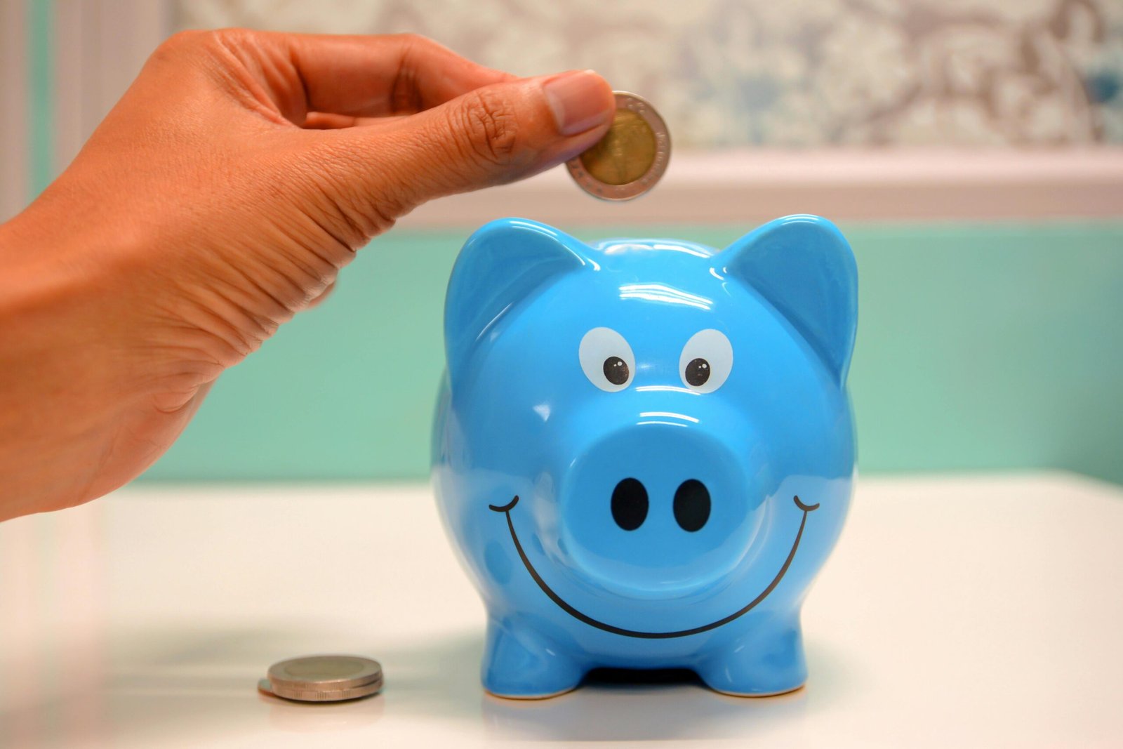 blue piggy bank with a coin