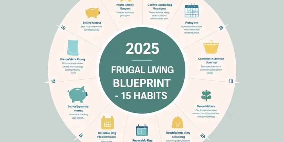 Infographic of 15 habits in the 2025 Frugal Living Blueprint