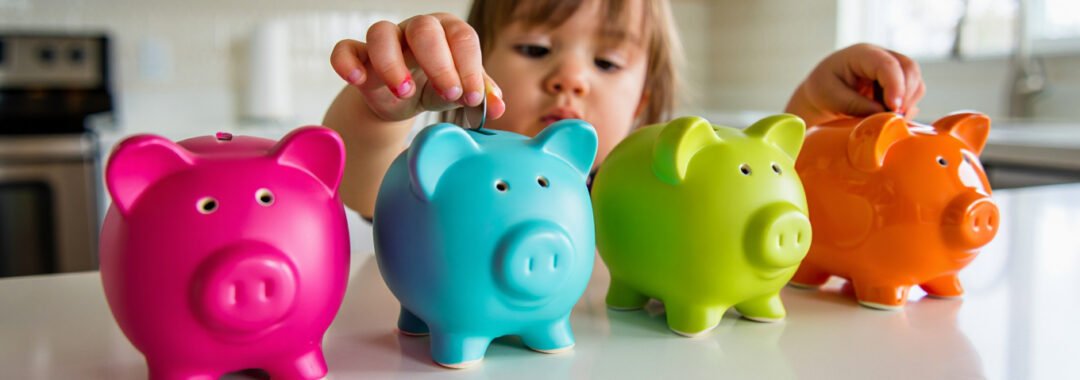 Child placing coins into a colourful piggy bank at home kids saving money