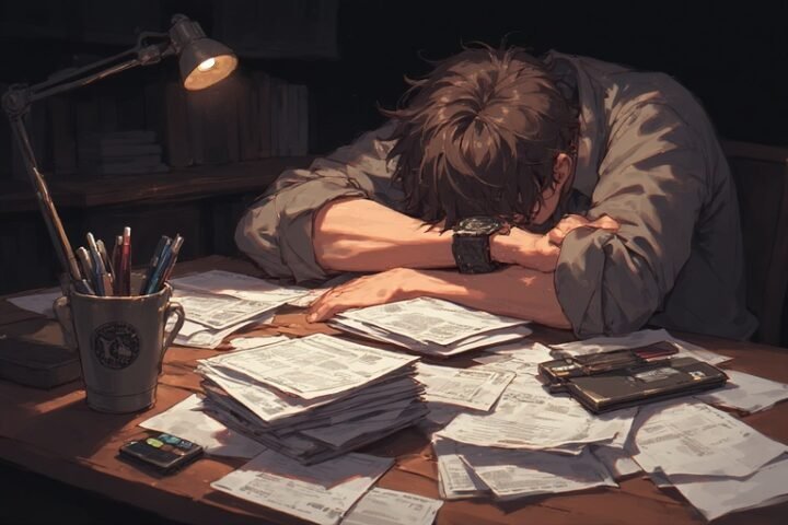 Person overwhelmed by bills, illustrating the mental toll of debt