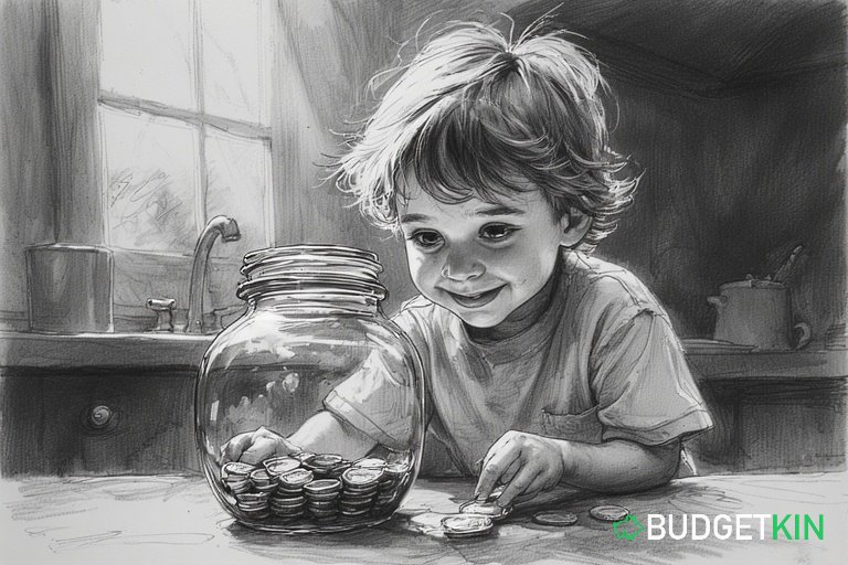 Child placing coins into a piggy bank jar, building early saving habits.