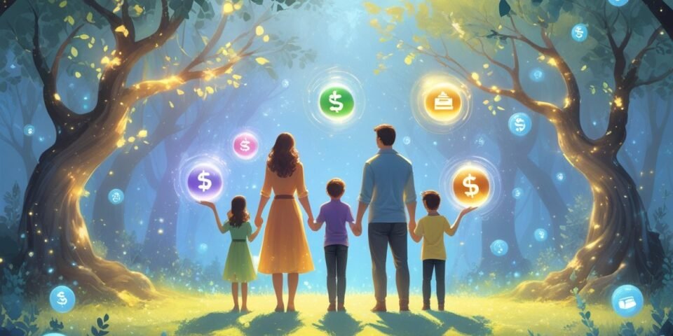 happy family fantasy showing budgeting tools