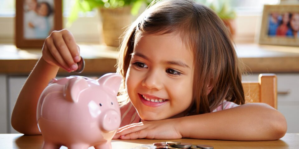 Smiling child placing coins into a piggy bank at a table, symbolising saving money and good financial habits. Pocket Money Tips