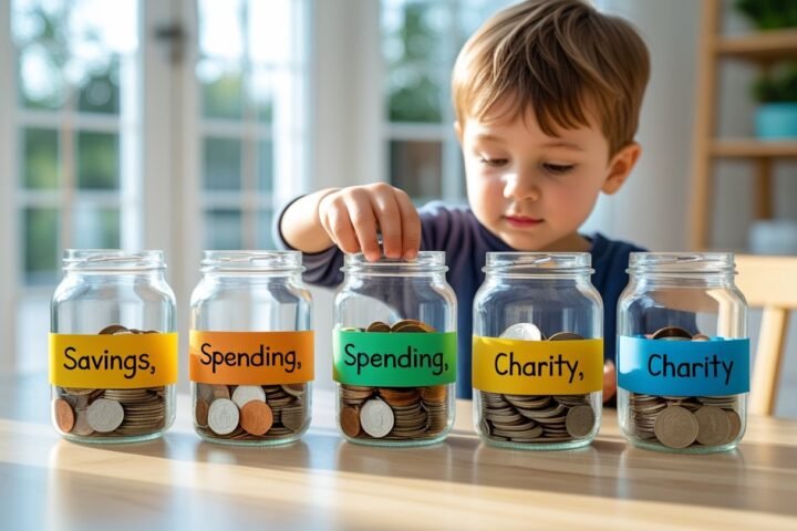 Kid dividing money into save, spend, give jars to learn Budgeting for Kids