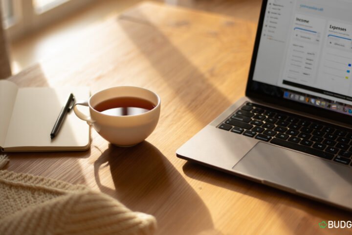 Relaxed Sunday evening budgeting setup with tea and app open.Sunday budget reset