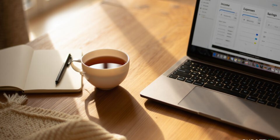 Relaxed Sunday evening budgeting setup with tea and app open.Sunday budget reset