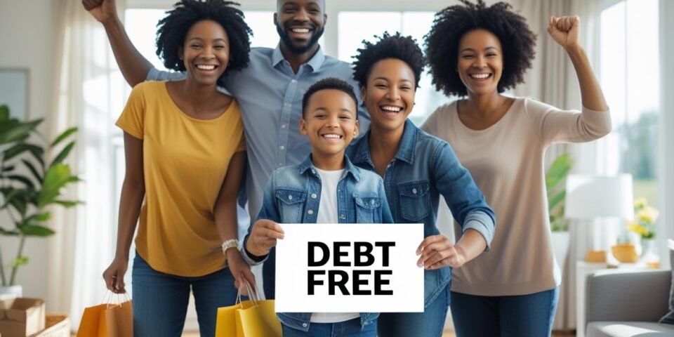 a family celebrating being debt-free