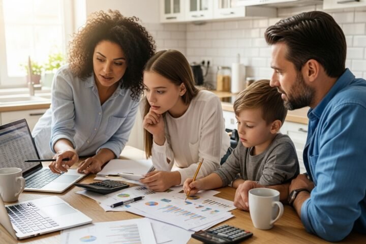 Busy family using a one-page budget to plan monthly expenses