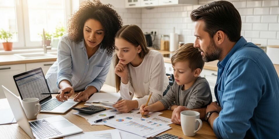 Busy family using a one-page budget to plan monthly expenses