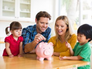 Family saving together after identifying money leaks. The Ultimate Family Budgeting Guide for UK Families