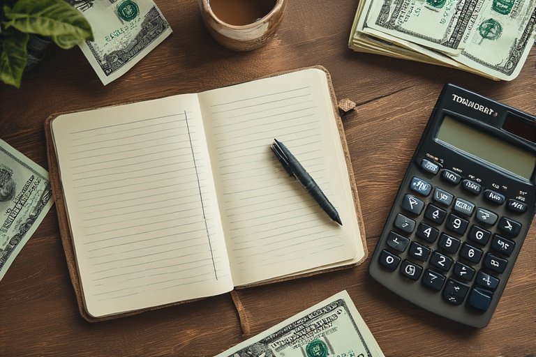 Flat lay of notebook, calculator, and bills