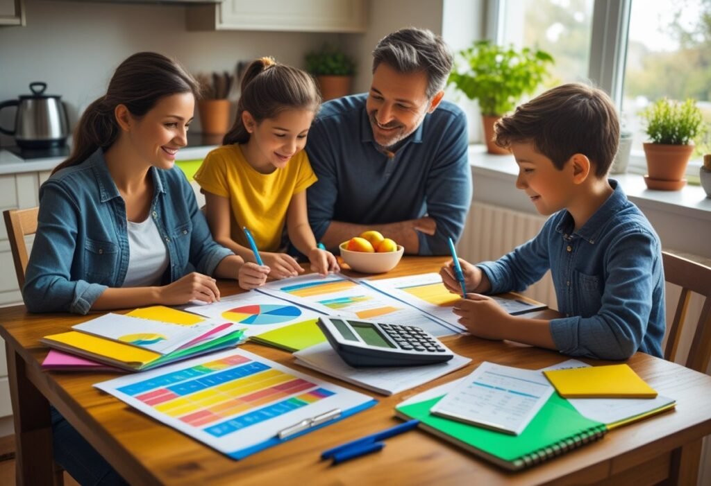 Family reviewing debt payoff plan together - Debt-Free Living