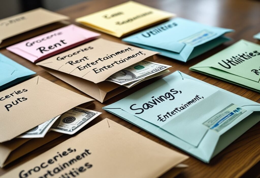 7 Proven Steps to Envelope System Budgeting That Work 2 Cash envelopes labelled groceries, entertainment, misc with notes. Envelope System