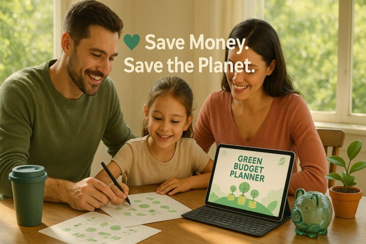 A bright, inspiring scene showing a young family at their kitchen table planning their budget together.