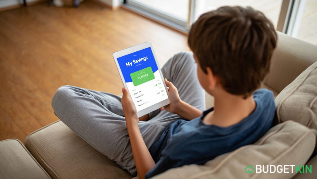 Best Guide for Kids Saving Money: Piggy Banks vs Banks 3 Teen reviewing their youth savings bank account on a tablet