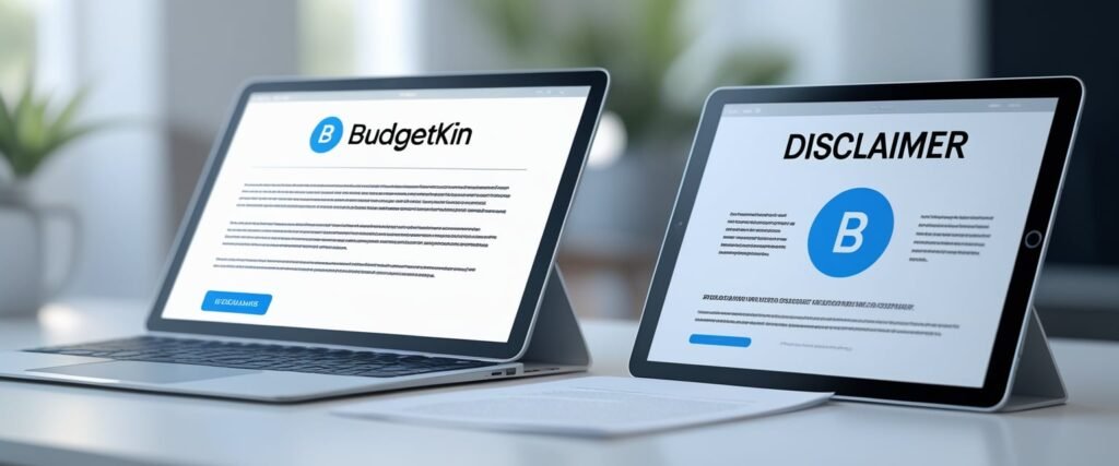 2 laptops showing budgetkin disclaimer info