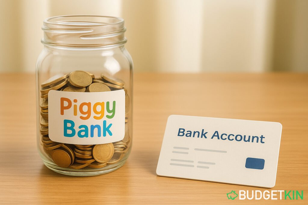 Best Guide for Kids Saving Money: Piggy Banks vs Banks 4 piggy bank jar and bank account statement for children saving money
