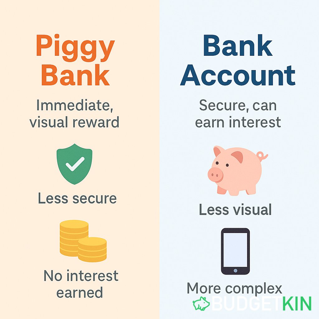Best Guide for Kids Saving Money: Piggy Banks vs Banks 2 Comparison of a piggy bank jar and bank account statement for children saving money