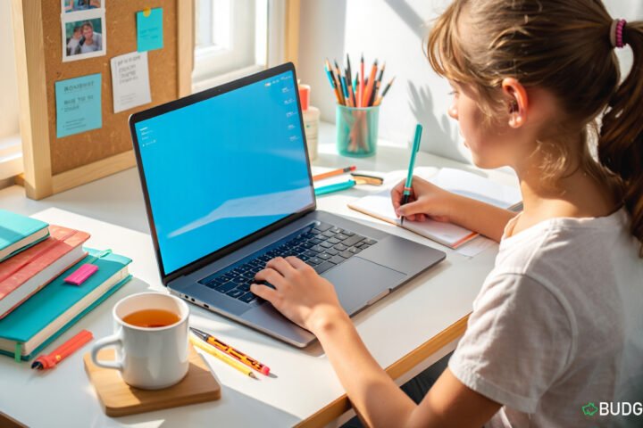The student is working on a laptop to create a budget before university. Money Rules for Students