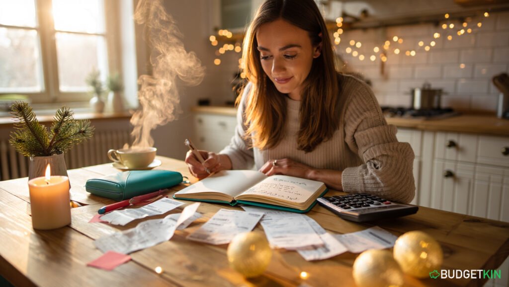 How to Beat Stress at Christmas and Spend Less 3 A mum sitting at a kitchen table planning the family Christmas budget with receipts, notebooks, and warm festive lights in the background. Stress at Christmas