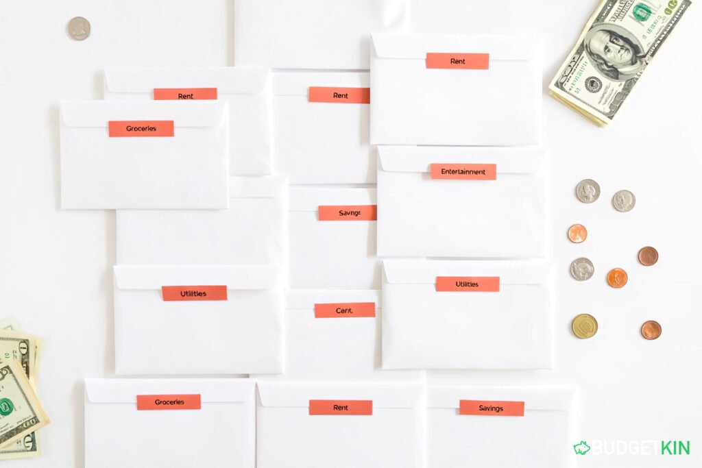 Cash envelopes arranged neatly with labels for a savings challenge.