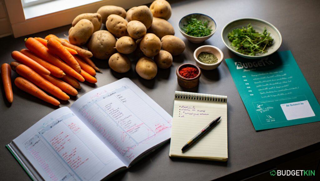 How to Beat Stress at Christmas and Spend Less 5 A kitchen counter with a Christmas meal planner, shopping list, fresh vegetables, and recipe notes.