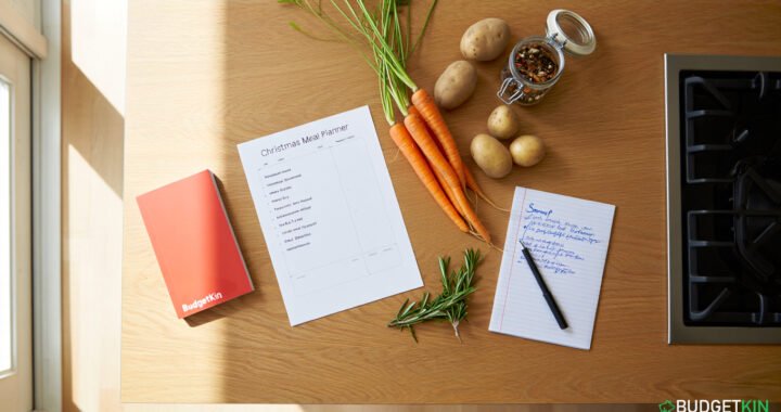How to Beat Stress at Christmas and Spend Less 1 A kitchen counter with a Christmas meal planner, shopping list, fresh vegetables, and recipe notes.