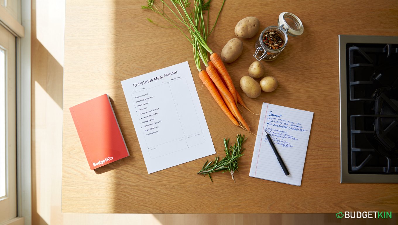 A kitchen counter with a Christmas meal planner, shopping list, fresh vegetables, and recipe notes.