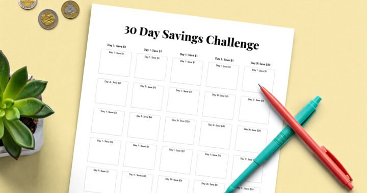 A simple printable savings tracker displayed on a desk with BudgetKin colours.