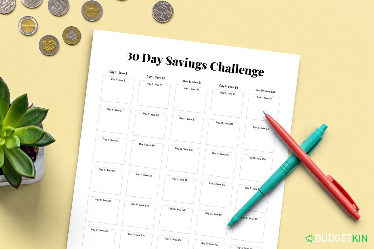 A simple printable savings tracker displayed on a desk with BudgetKin colours.