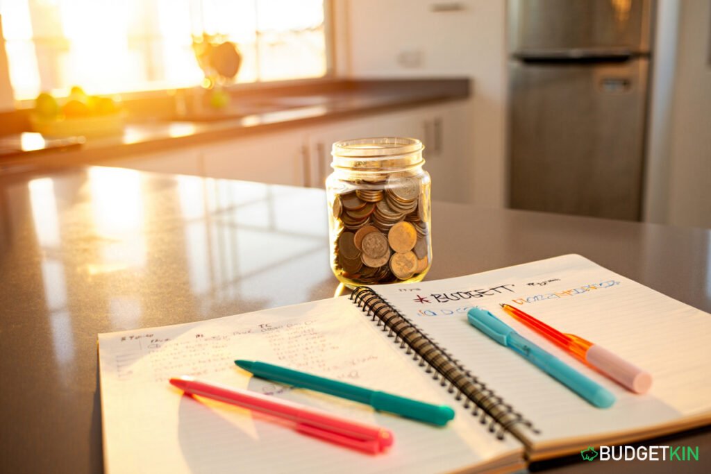 Glass jar filled with coins on a family kitchen table with notebooks and pens.