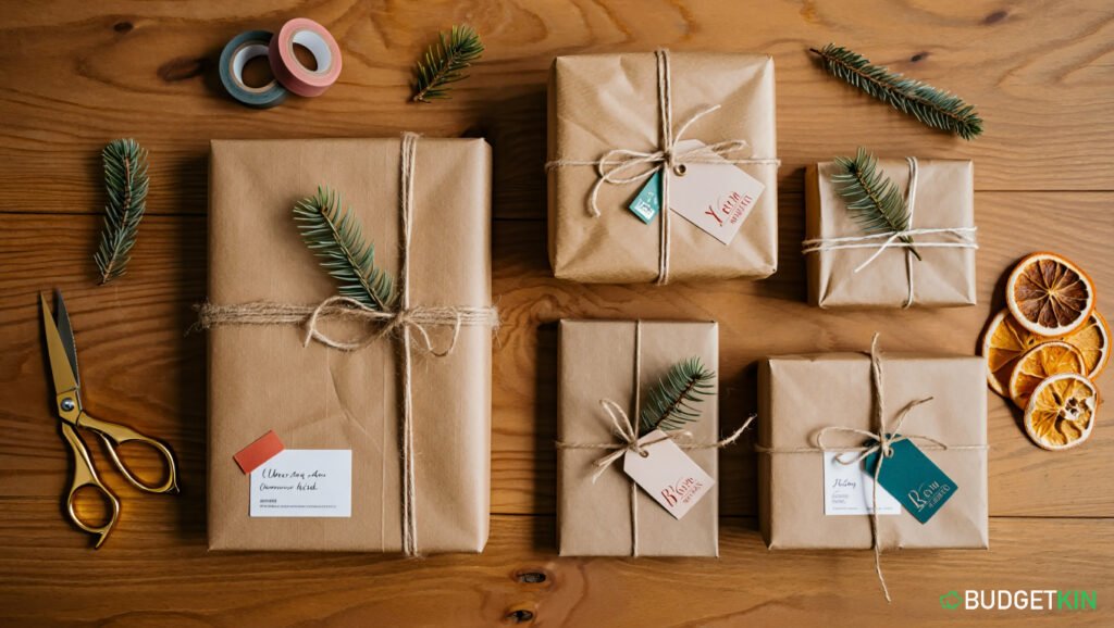 How to Beat Stress at Christmas and Spend Less 4 Brown paper wrapped Christmas presents decorated with twine, pine branches, and simple labels on a wooden table.