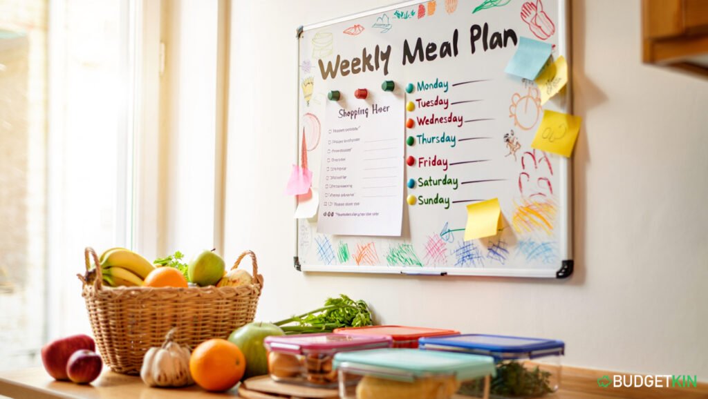 4 Powerful Family Budgeting Secrets 3 Weekly meal planning board in a family kitchen with shopping list, colourful markers, and groceries below. Family Budgeting