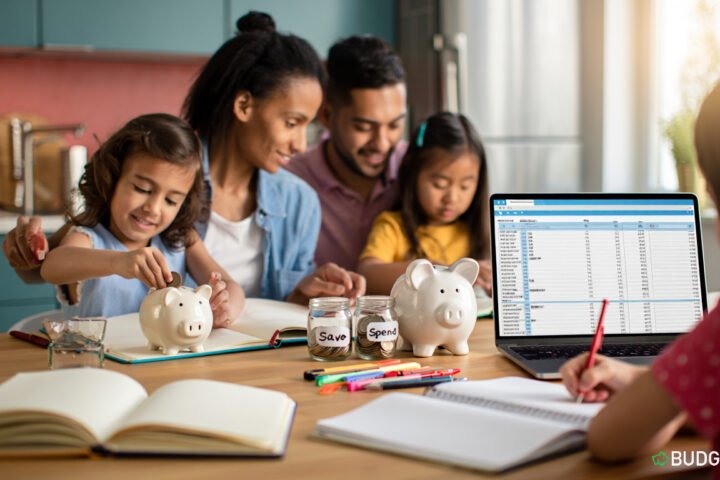 A large family sitting together at the kitchen table planning a Family Budgeting with notebooks, a laptop, and piggy-banks.
