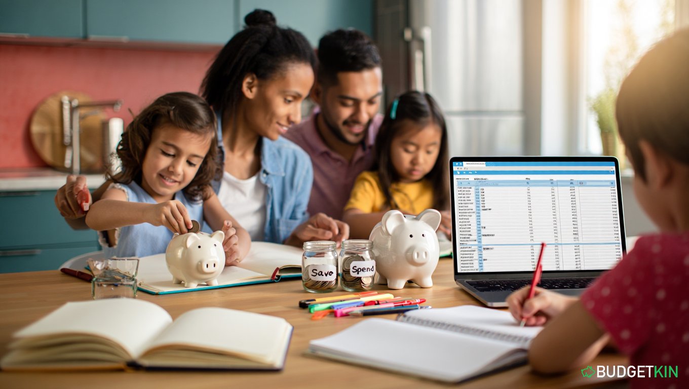 A large family sitting together at the kitchen table planning a Family Budgeting with notebooks, a laptop, and piggy-banks.