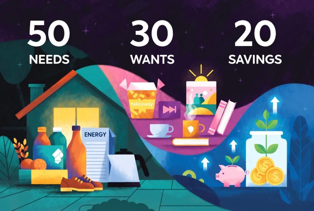 10 Simple Steps to Create a Family Budget UK Households Trust 3 Colourful illustration showing the 50/30/20 budget rule for a UK family, with flowing sections representing household needs, lifestyle spending, and savings in a creative, modern style.