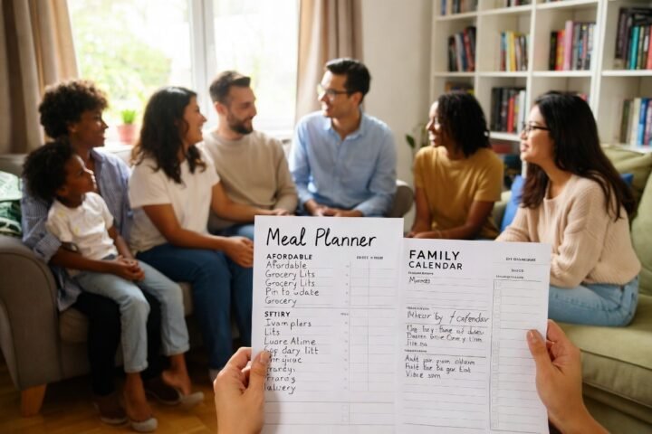 Family discussing money together at home