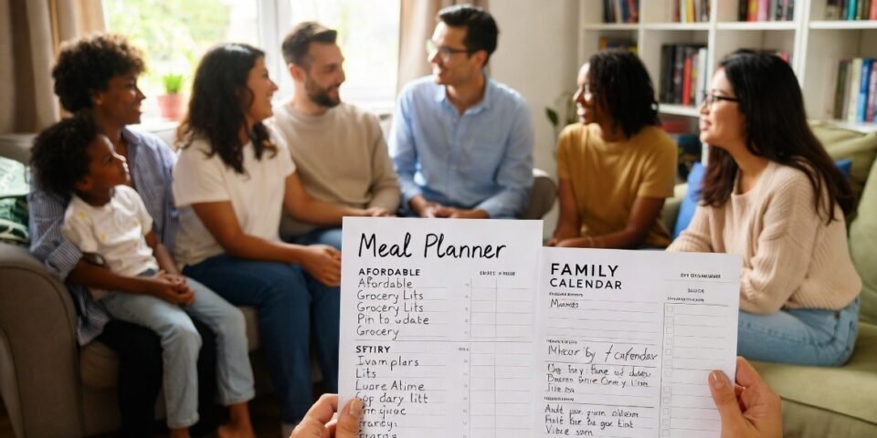 Family discussing money together at home