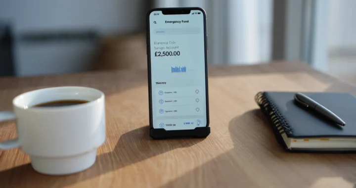Mobile banking app showing emergency fund balance for UK family finances.