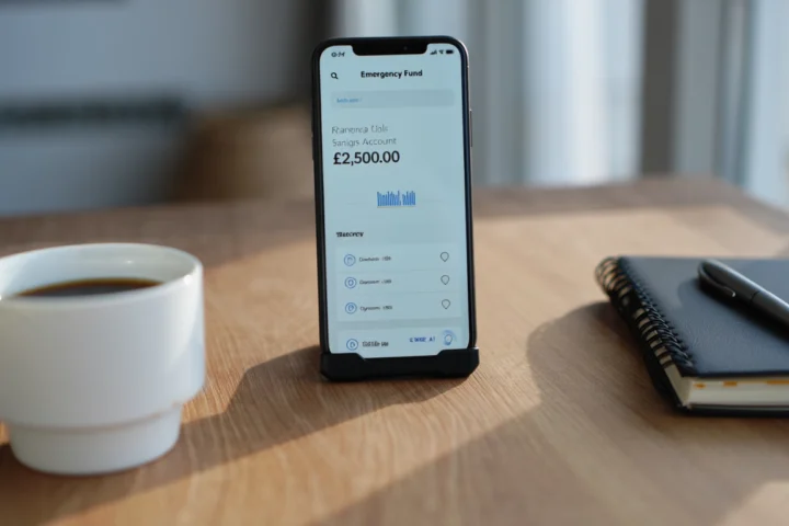 Mobile banking app showing emergency fund balance for UK family finances.