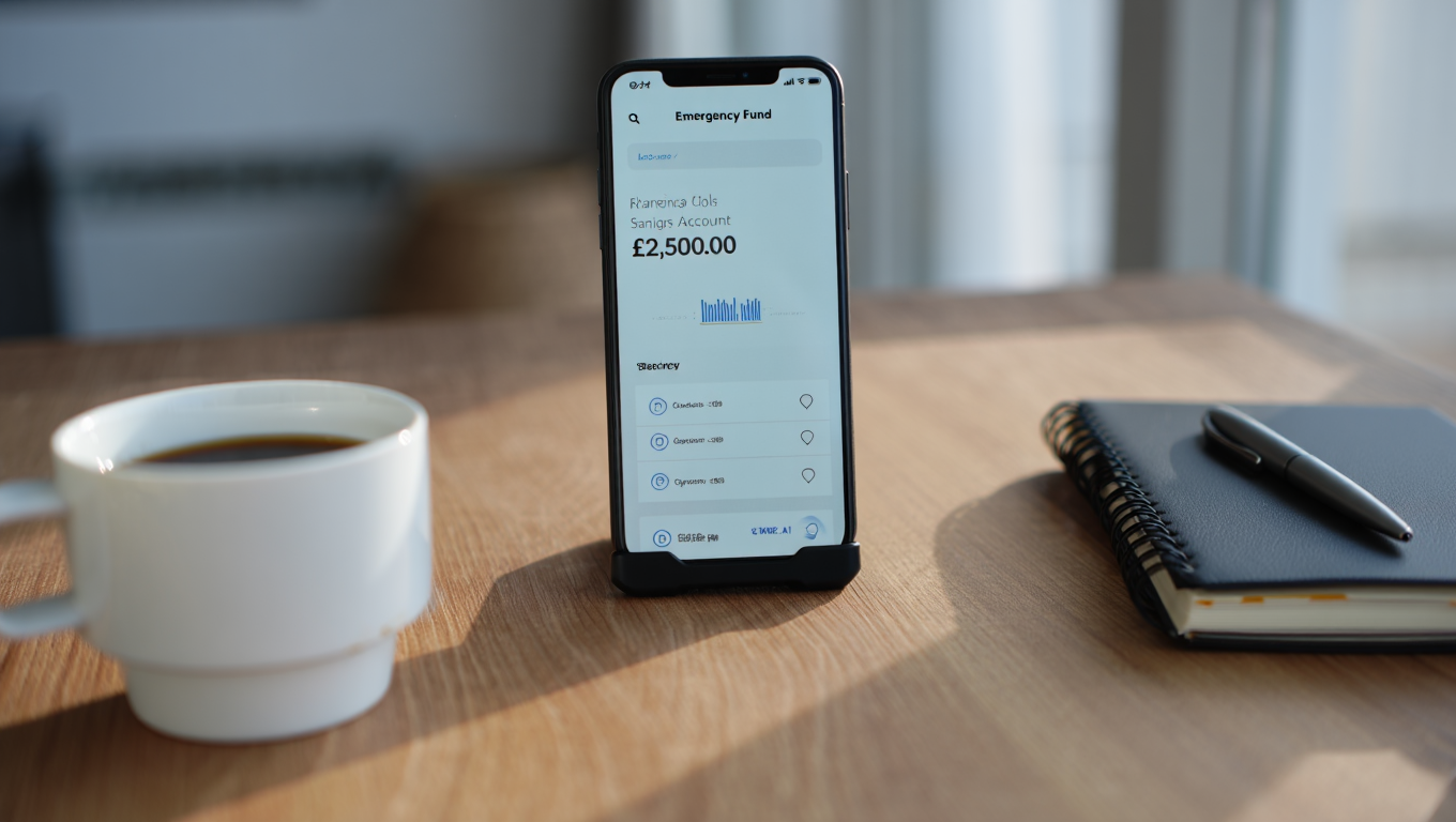 Mobile banking app showing emergency fund balance for UK family finances.