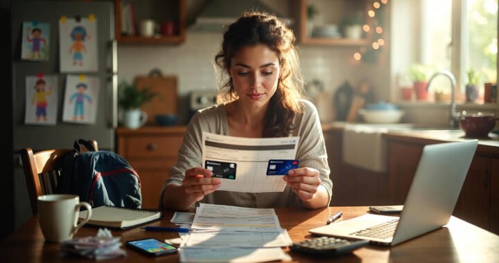 Housewife in a UK kitchen reviewing credit card statements with a notebook and laptop, illustrating six simple rules to use credit cards responsibly