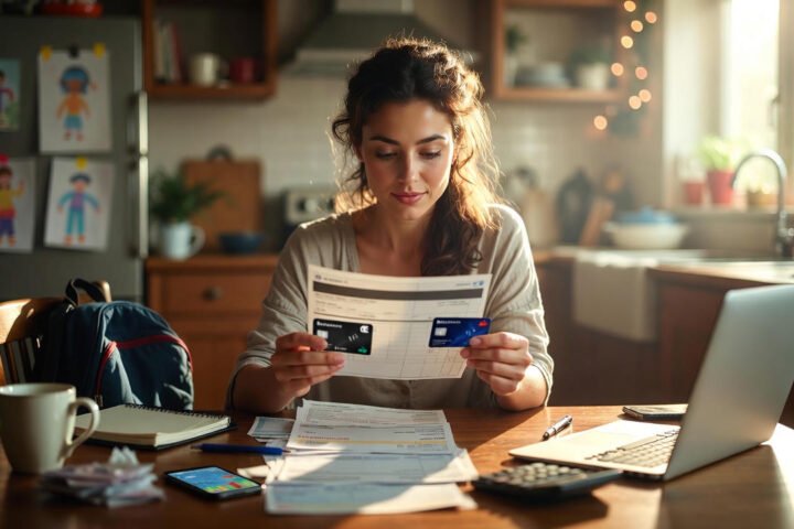 Housewife in a UK kitchen reviewing credit card statements with a notebook and laptop, illustrating six simple rules to use credit cards responsibly