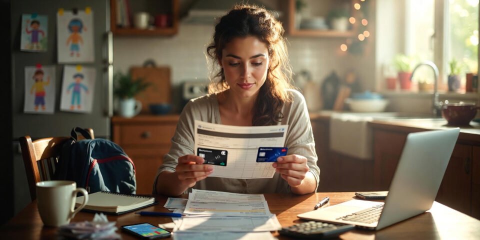 Housewife in a UK kitchen reviewing credit card statements with a notebook and laptop, illustrating six simple rules to use credit cards responsibly