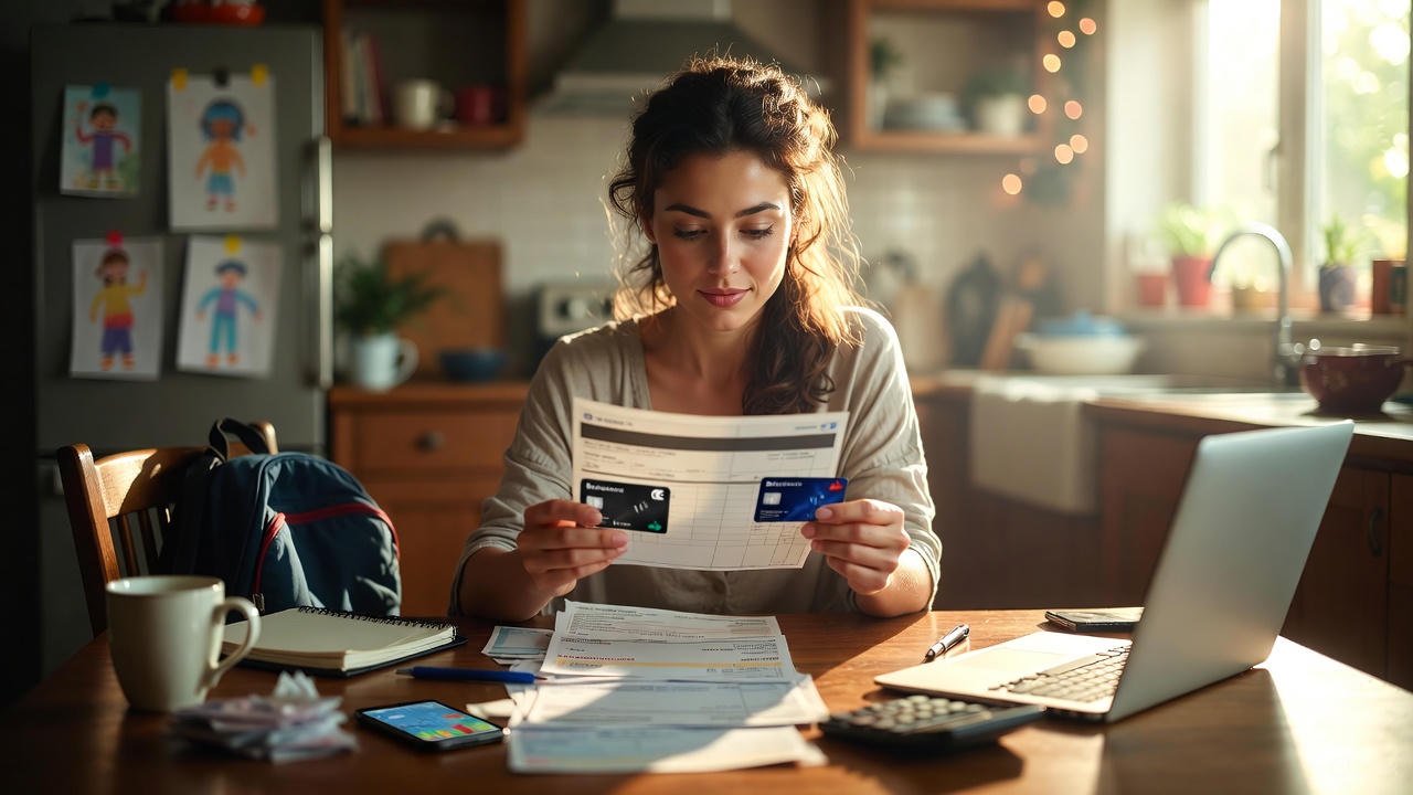 Housewife in a UK kitchen reviewing credit card statements with a notebook and laptop, illustrating six simple rules to use credit cards responsibly