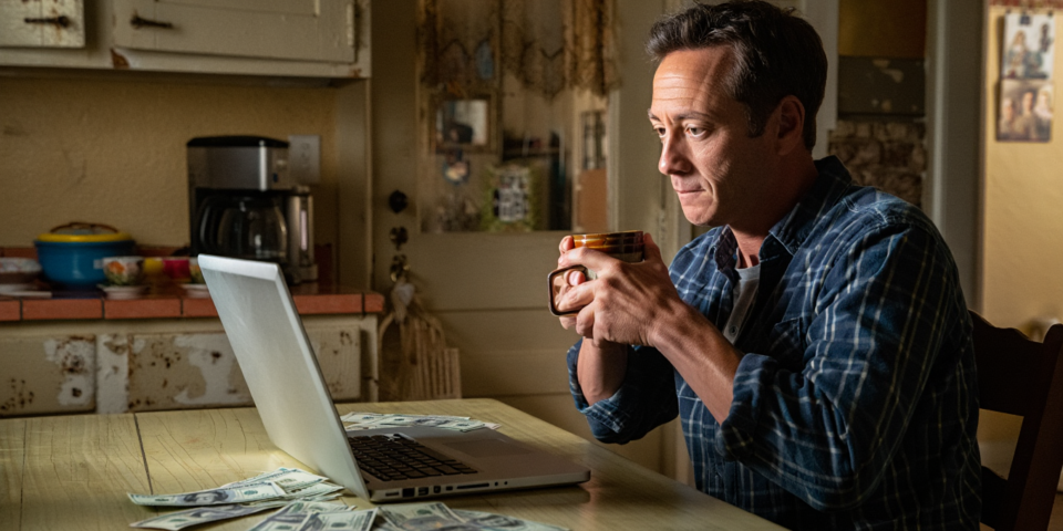 Why saving money feels hard even when you earn enough, person reflecting over household finances at the kitchen table