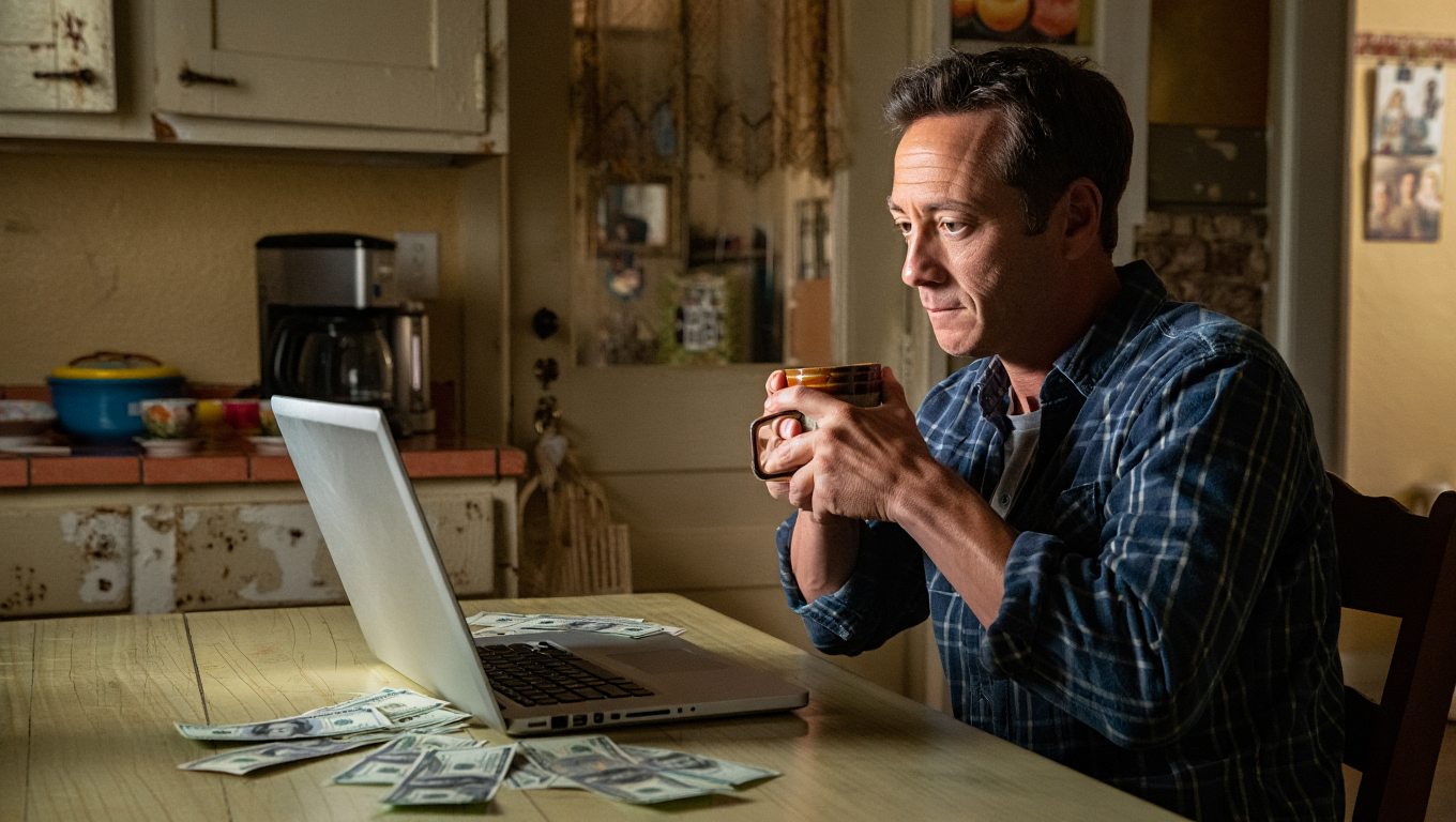 Why saving money feels hard even when you earn enough, person reflecting over household finances at the kitchen table