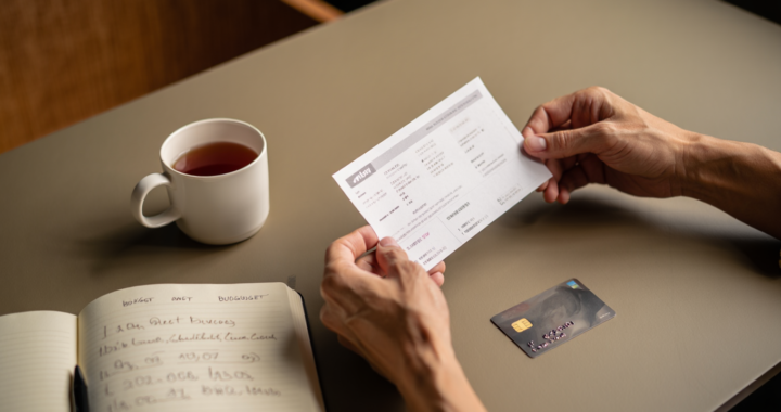 Person reviewing a credit card statement at a kitchen table while deciding whether to pay the balance in full